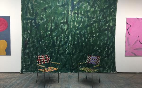 Painting by Tamuna Sirbiladze and chairs from Franz West at Charim Galerie during Art Berlin Fair.