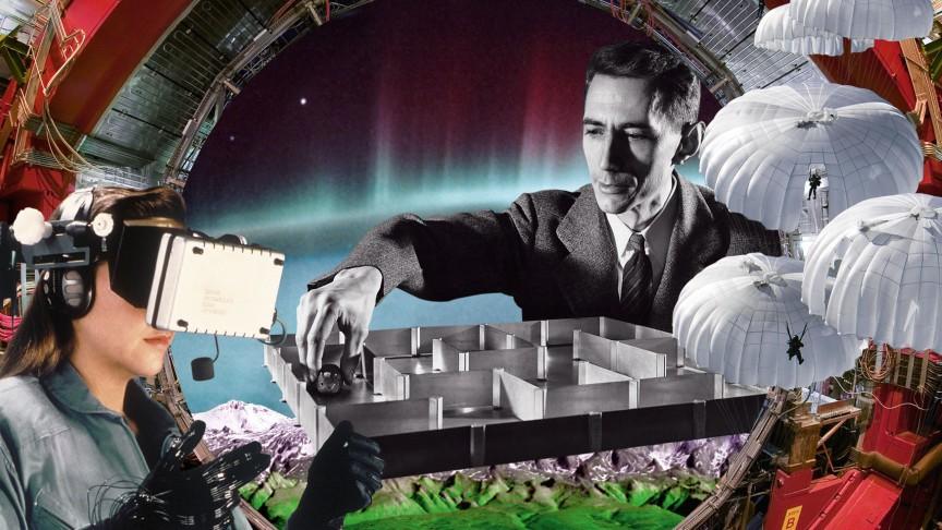 Photos: CERN; NASA; Claude Shannon: courtesy of MIT Museum; public domain | collage & design: NODE Berlin Oslo