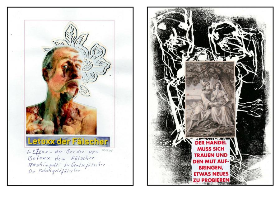 Albert Markert: Künst, 1979-2020  Wall installation 180x500 cm ab. 240 Text-Picture-Collages each 20x28,7 cm