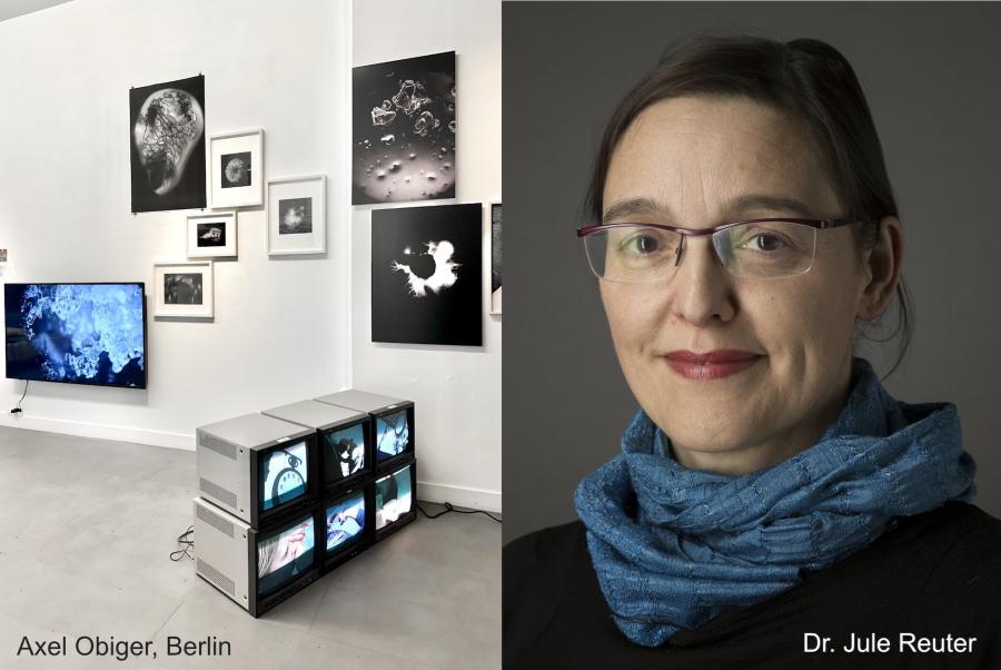 FLTR: exhibition view of »From the Hidden Gardens« (ph. S. Gualdi) // Right: Photo portrait of © Dr. Jule Reuter 