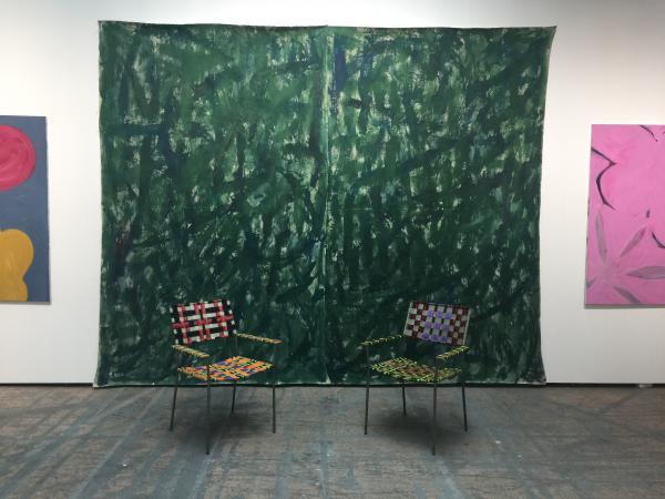 Painting by Tamuna Sirbiladze and chairs from Franz West at Charim Galerie during Art Berlin Fair.