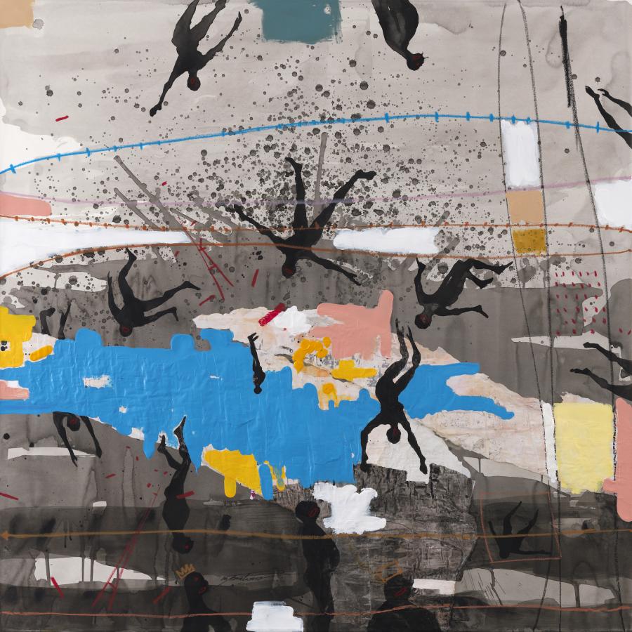 Nú Barreto Joyeux en Péril 2017 Acrylic, oil pastel, and paper collage on canvas 110 x 110 cm Photo by Véronique Drouin Courtesy of Ronewa Art Projects
