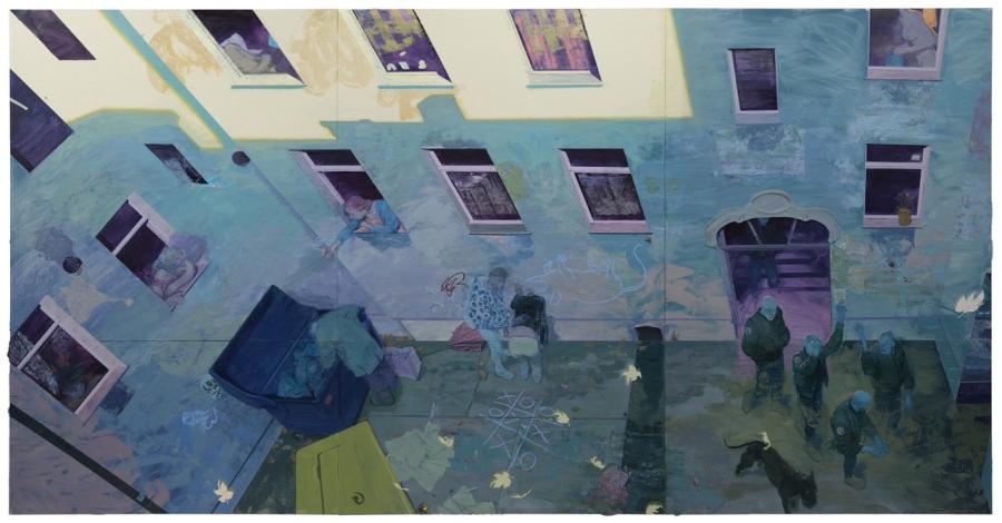 Ruprecht von Kaufmann, HERBSTABEND, 2024, Öl und Collage (Mylar) auf Linoleum / oil and collage (Mylar) on linoleum, 277 x 540 cm