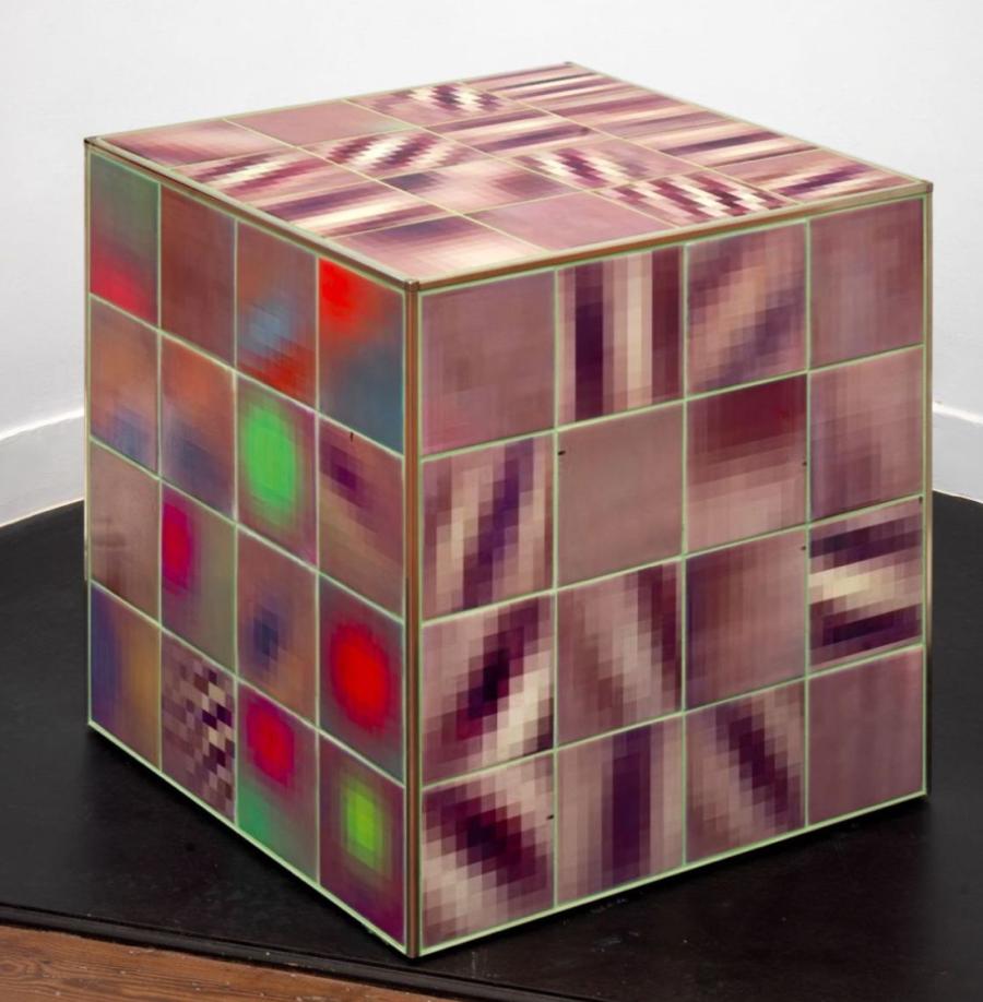   Constant Dullaart, Convnet Filter Cube, 2019, Ceramic, wood, pigment, 100x100x100cm