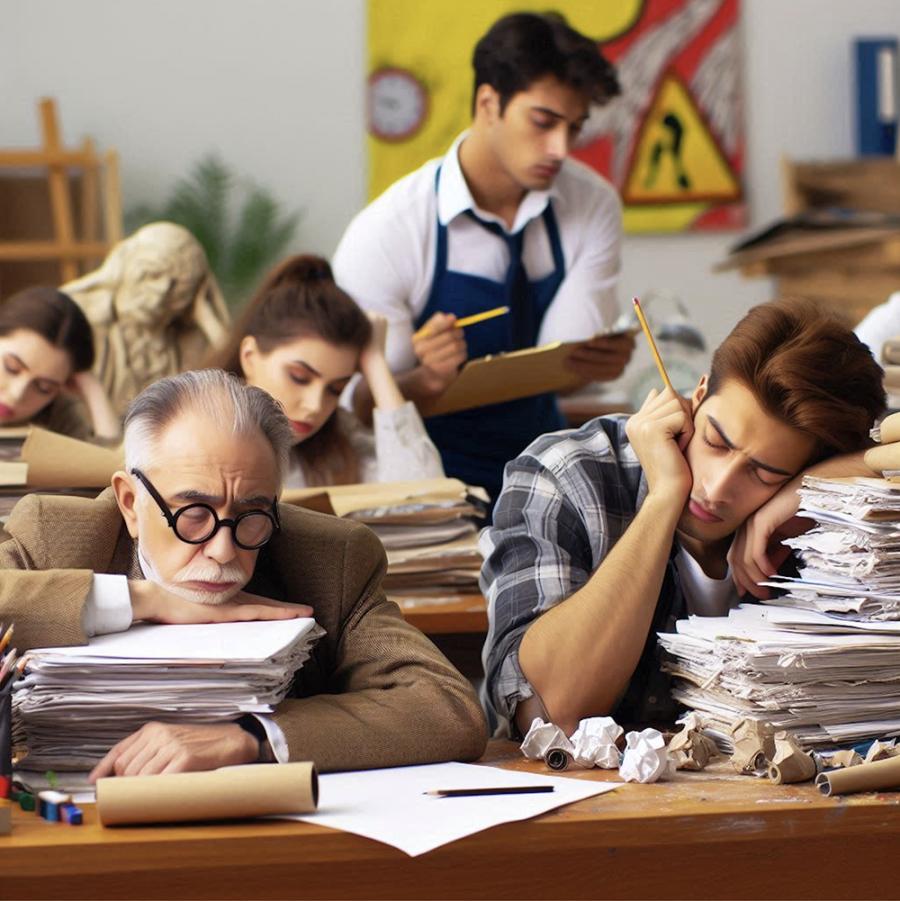 Image: © Christina Zück, Overworked art school professors and tired students with too many tasks, 2024