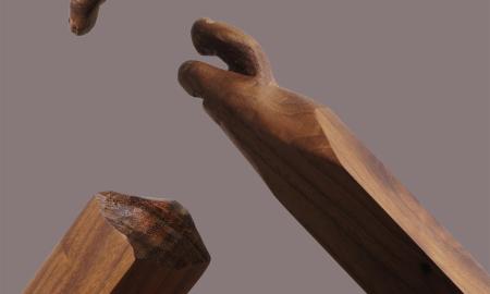 Geerten Verheus, Dreikreuze, 2026, Wood, 3- part piece, each 72 x 72 x 80 cm (Detail). Courtesy the artist and Galerie Nothelfer