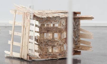 Jenny Michel, Paradise – Vehicle in Decay – Trailer #2, 2014, Nitrofrottage, intaglio ink on various papers and cardboard, found wooden parts, 40 x 60 x 55 cm.  Courtesy the artist and Galerie Georg Nothelfer  Photo: Frank Pichler