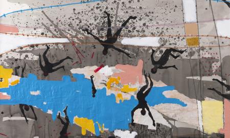 Nú Barreto Joyeux en Péril 2017 Acrylic, oil pastel, and paper collage on canvas 110 x 110 cm Photo by Véronique Drouin Courtesy of Ronewa Art Projects