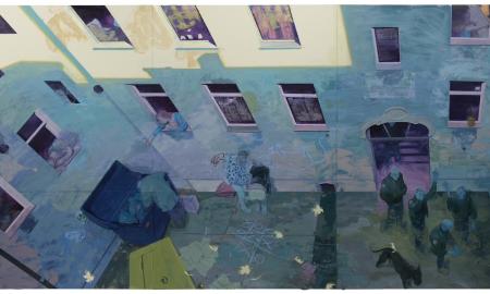 Ruprecht von Kaufmann, HERBSTABEND, 2024, Öl und Collage (Mylar) auf Linoleum / oil and collage (Mylar) on linoleum, 277 x 540 cm